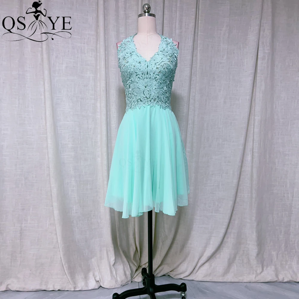 

Ice Blue Short Prom Dresses A line Chiffon V neck Embroidery Lace Bodice Evening Gown Empire Blue Pearls Girl Party Gown