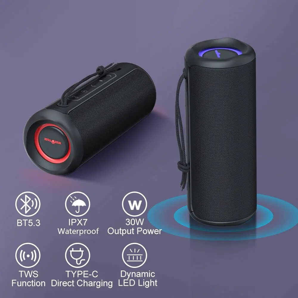 WISETIGER P3 Portable Bluetooth Speaker 30W Outdoor IPX7 Waterproof Bass Boost Sound Box TWS Dual Pairing BT5.3 RGB Lights 2