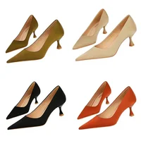 Big Size 34-43 Women Silk Versatile Middle Low Kitten Heels Shoes Lady 5.5cm High Heels Basic Office Work Satin Dark Green Pumps 1