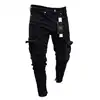 Mens Stretch Jeans Black Big Side Pockets Cargo Jeans Fashion Zipper Small Foot Denim Pants Elastic Jogging Trousers Streetwear