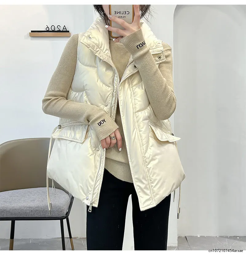 

2023 Winter Women Sequined Puffer Vest Female Thick Warm Korea Sleeveless Jacket Cotton Waistcoat Women Loose Streetwear Coat