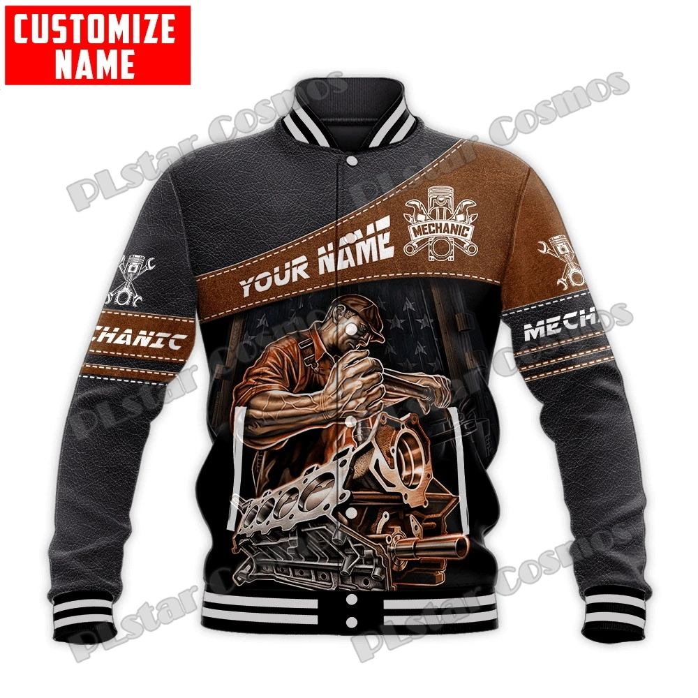 Personalized Name Mechanic Pattern 3D Printed Fashion Mens Baseball Varsity Jacket Unisex Casual Winter Baseball Jacket BQF03