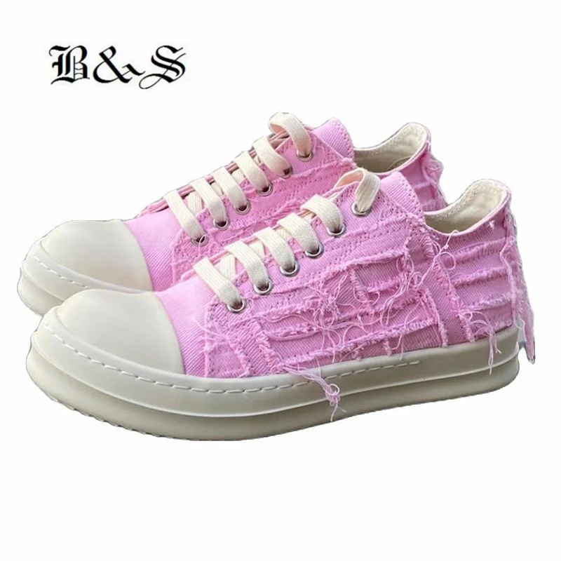

Black& Street Designer Pink Beggar Canvas Patchwork Fringe Trainer Sneakers Ankle Boots