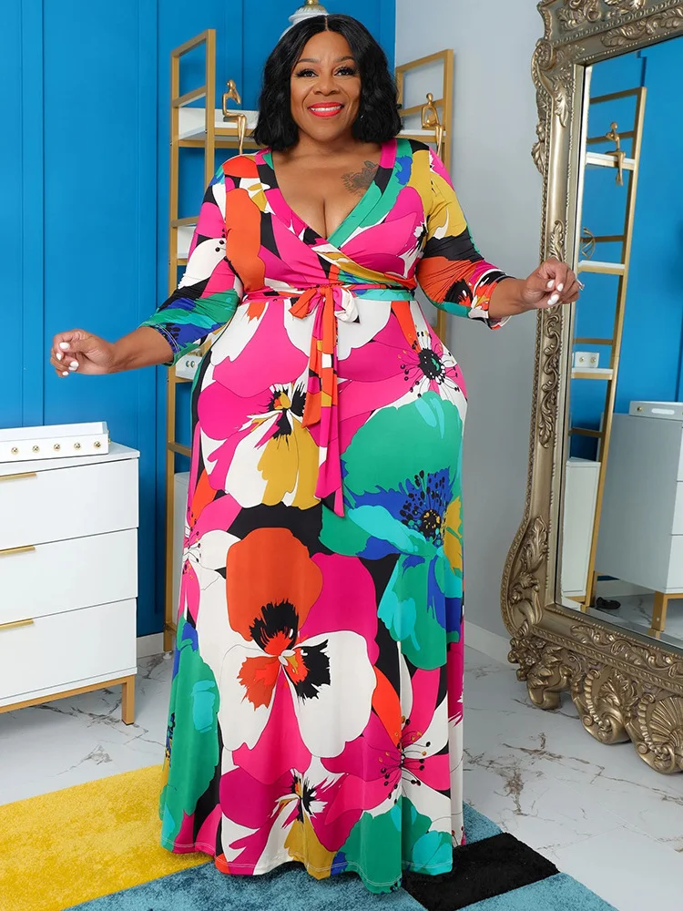 Wmstar Plus Size Dresses for  Women Flral Printed Fashion Long Sleeve Big Hem Fall Clothes Maxi Dresses Wholesale Dropshipping