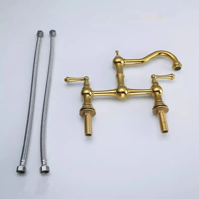 Kitchen Sink Tap Rotation Total Brass Lead Free Classical Double Lever Kitchen Sink Tap Mixer Gold Chrome American Style
