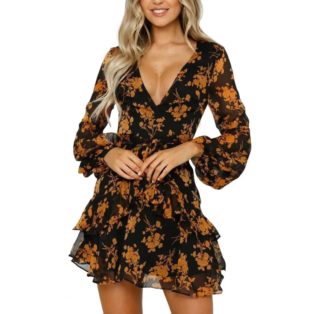 

Women Mini Dress Lantern Sleeves Deep V Neck Low-cut See-through Flower Print Dress-up Ruffle Tight Waist Lady Spring Dress