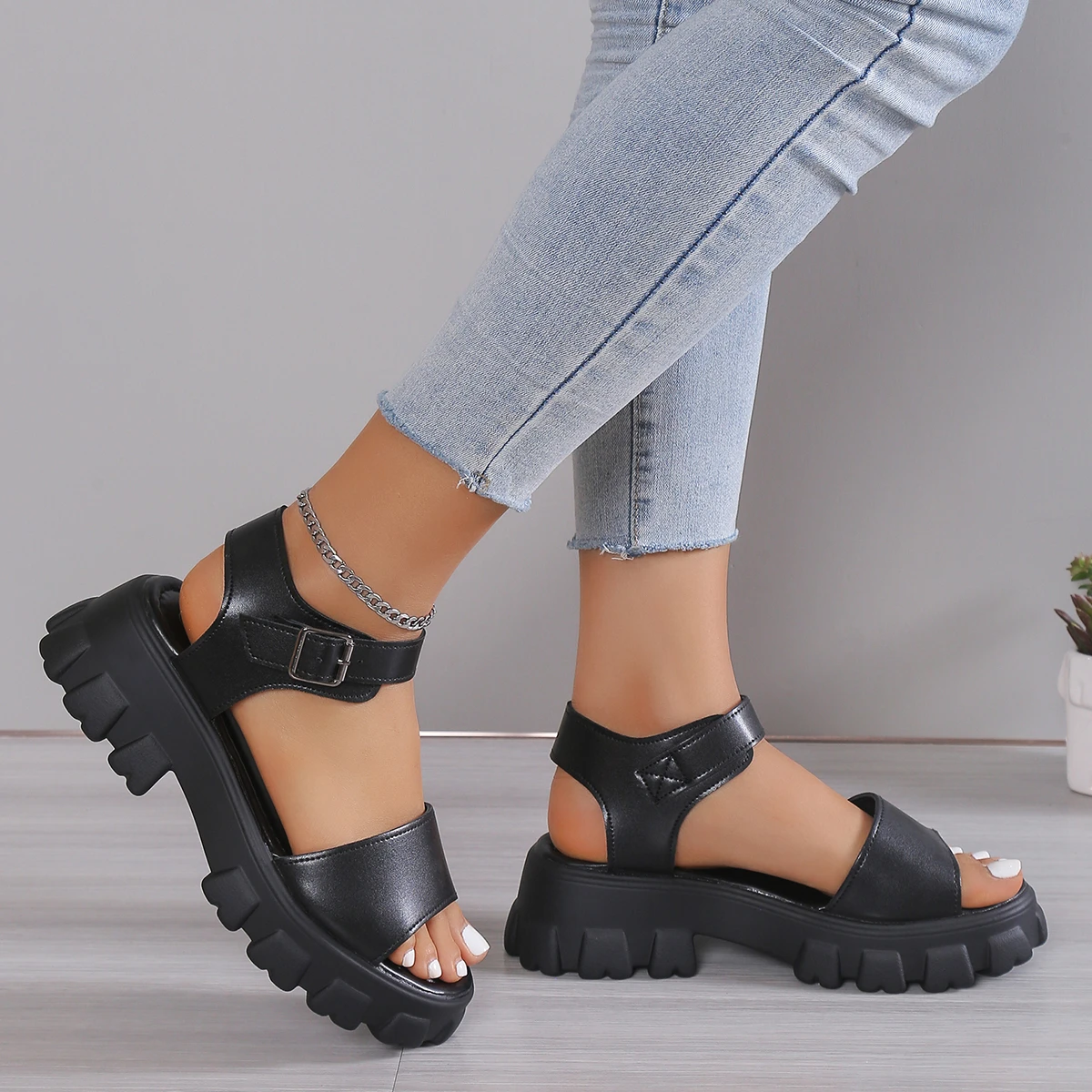 Women's Sandals Platform One Word Ankle Buckle Strap Sandal