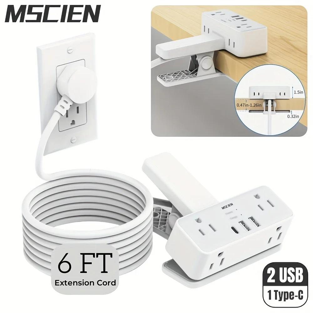 MSCIEN US Plug 6 Outlet Desk Clamp Power Strip with USB Ports, Desktop