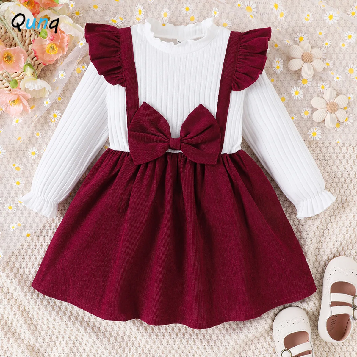 

Qunq 2023 Autumn New Girls Long Sleeve Top + Patchwork Corduroy Bow Suspenders Dress 2 Pieces Set Casual Kids Clothes Age 3T-8T