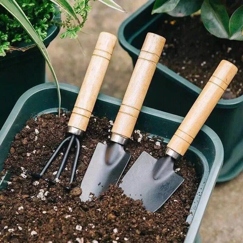 Horticultural Tool Set of 3, Iron Shovel Rake, Garden Potted Flowers, Loose Soil Planting, Transplanting, Thick Handle Style