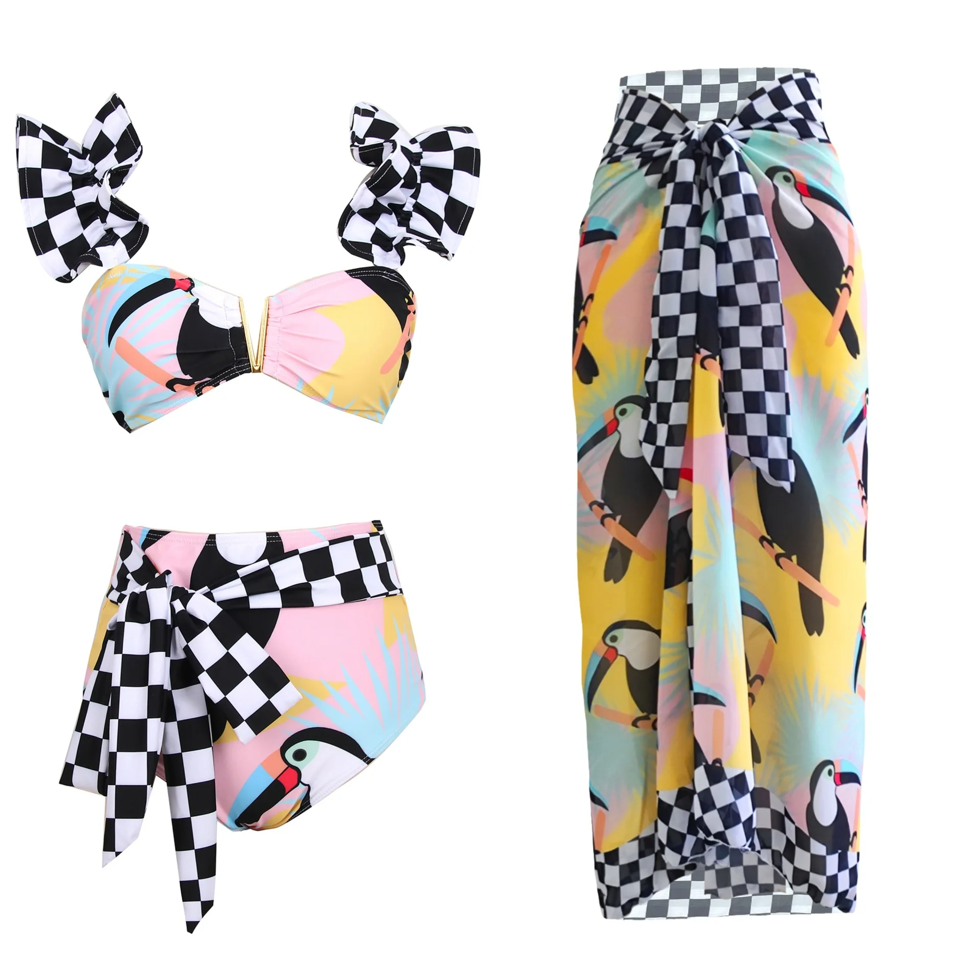New Sling Tube Top Split Swimsuit Feminine Bikini High Waist Strap V-neck Print Swimwear Summer Beach Wear Cover Up