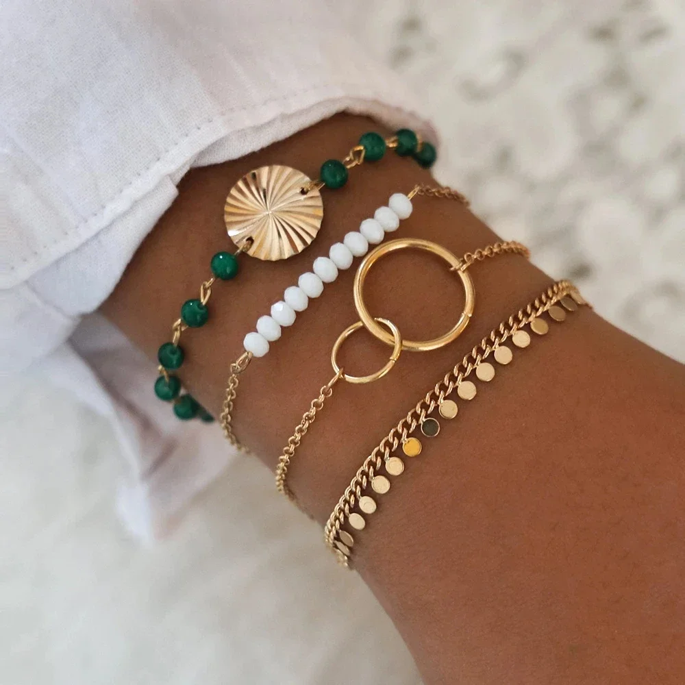 Chain Bracelet 4PCS/Set Boho Geometric Tassel Chain Bracelet Women MultiLayer Bangles Charm Party Wedding Beach Jewelry Set Accessories