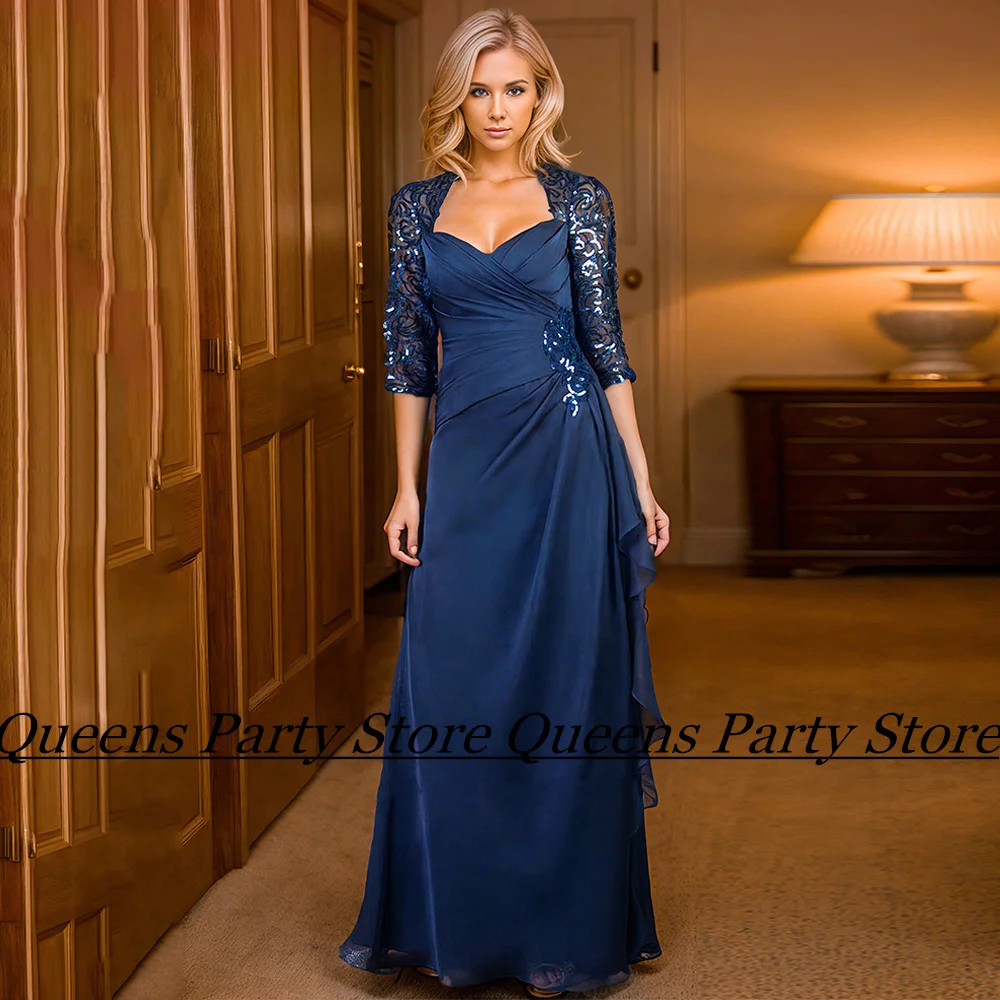 

Cheap Mother of The Bride Dress 3/4 Sleeves V Neck Sequined Applique Chiffon Long Wedding Guest Gown Dark Blue Party Dresses