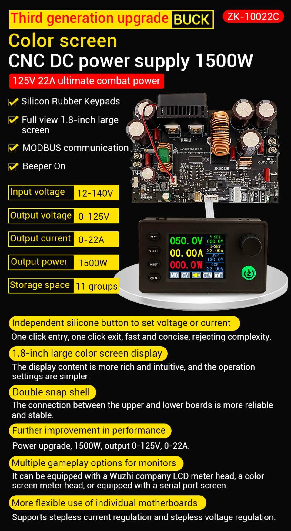 Description Picture 2 of item125V 22A 1500W DC DC Buck Converter Step-down CNC Adjustable Stabilized Voltage Power Supply Regulator with Bluetooth/USB Module
