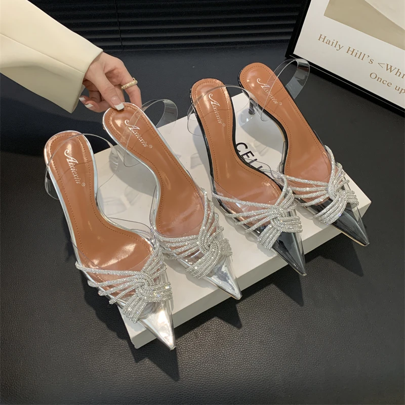 

Fashion Crystal Sequined Bowknot Women's Pumps Sexy Pointed High Heels Wedding Prom Shoes Ladies PVC Transparent Sandals Silver