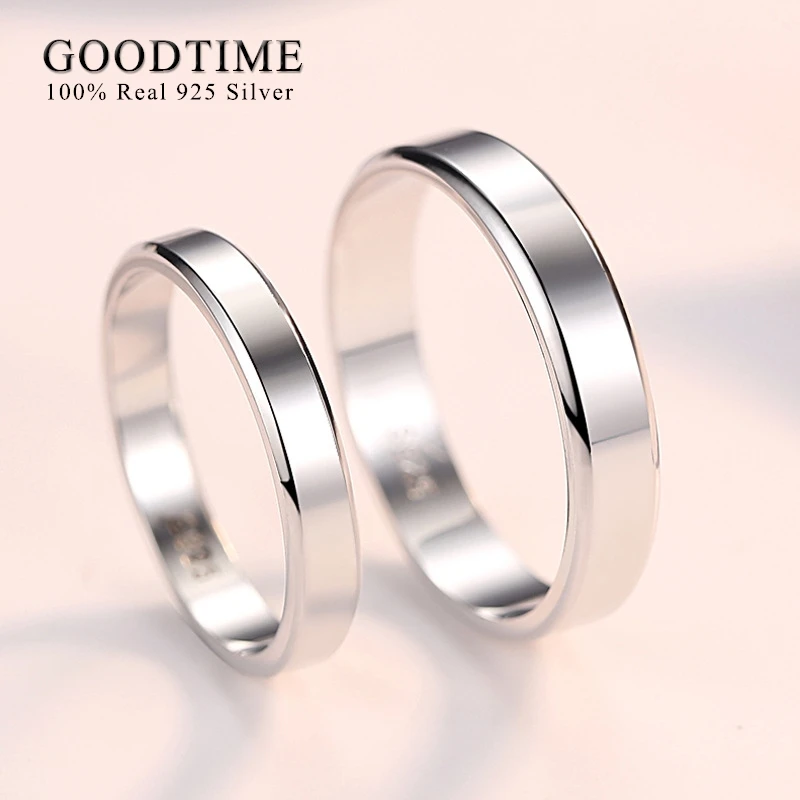 Trendy Pure 925 Sterling Silver Women Men Couple Ring Smooth Wedding Band Anniversary Jewelry Gift for Lovers
