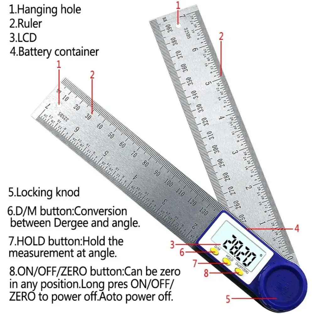 0-200mm 각도자 전자 스테인리스 스틸 스케일 디지털 각도계 디지털 디스플레이 휴대용 각도 측정기 건설용
