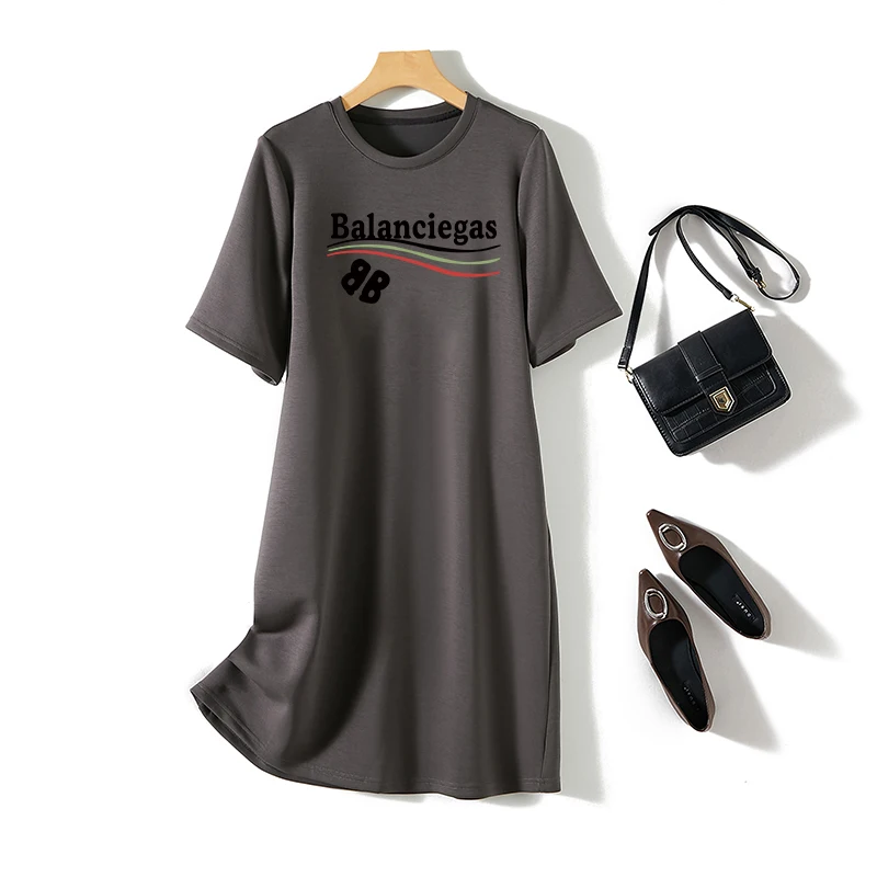 Women Clothing Short Sleeve Dresses Summer Basic O-neck Cotton Letter Printed Tunic Casual Loose Comfortable Straight Dresses 5