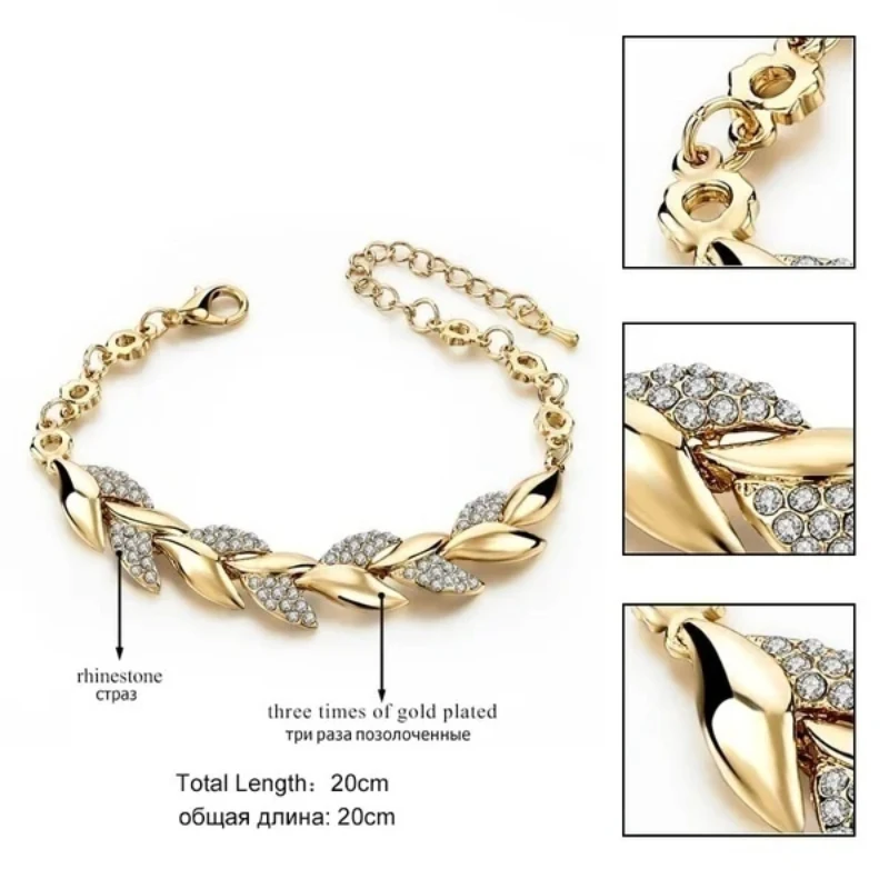 Delysia King Women Inlaid Crystal Golden Leaf Bracelet Trendy Bride Wedding Jewelry leaf bracelet