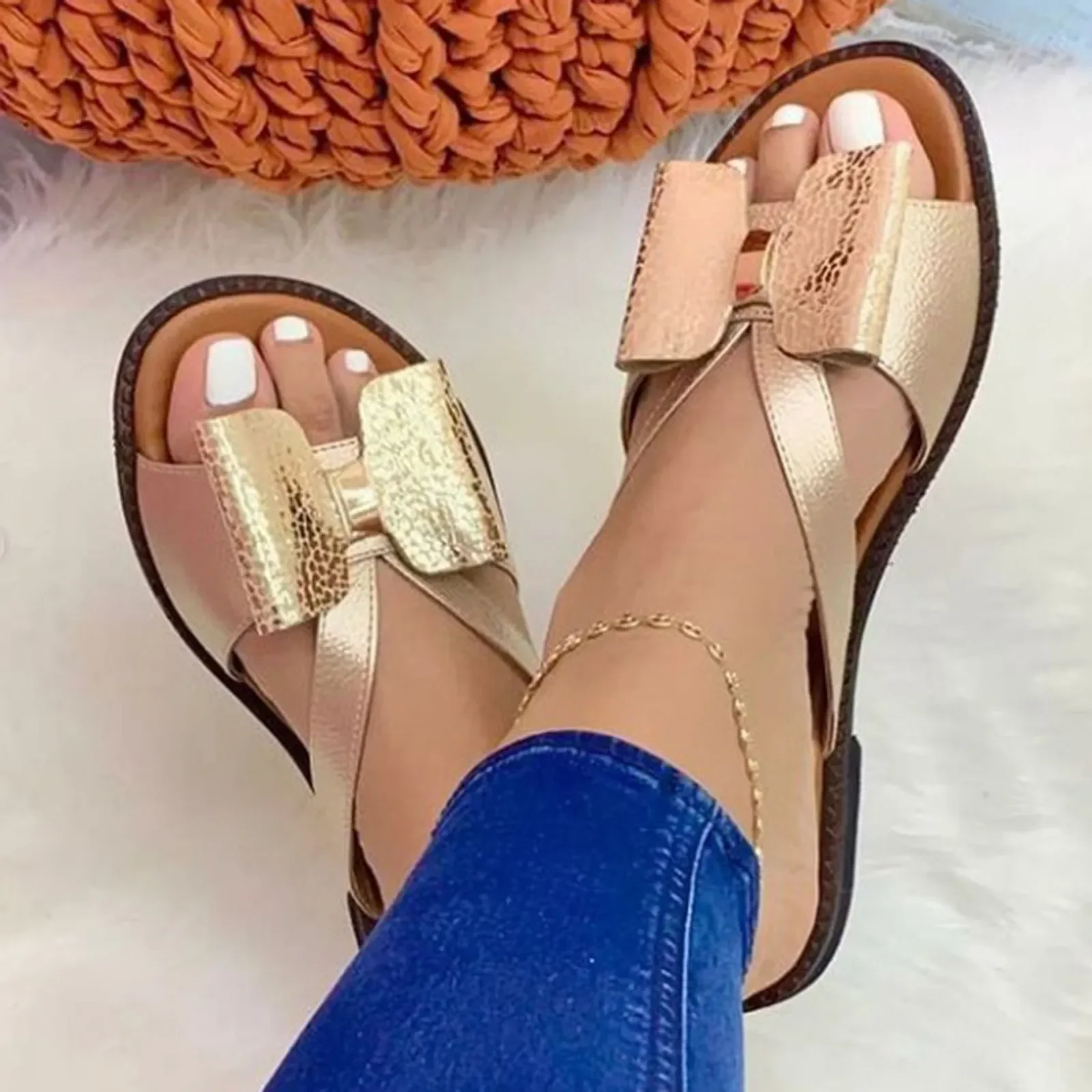 Women Shoes Women Sandals Women Slippers Women Shoes Summer Women Fashion Flat Color Blocking Bowknot Large Size Sandals Slippers PU Beach Outdoor Slides