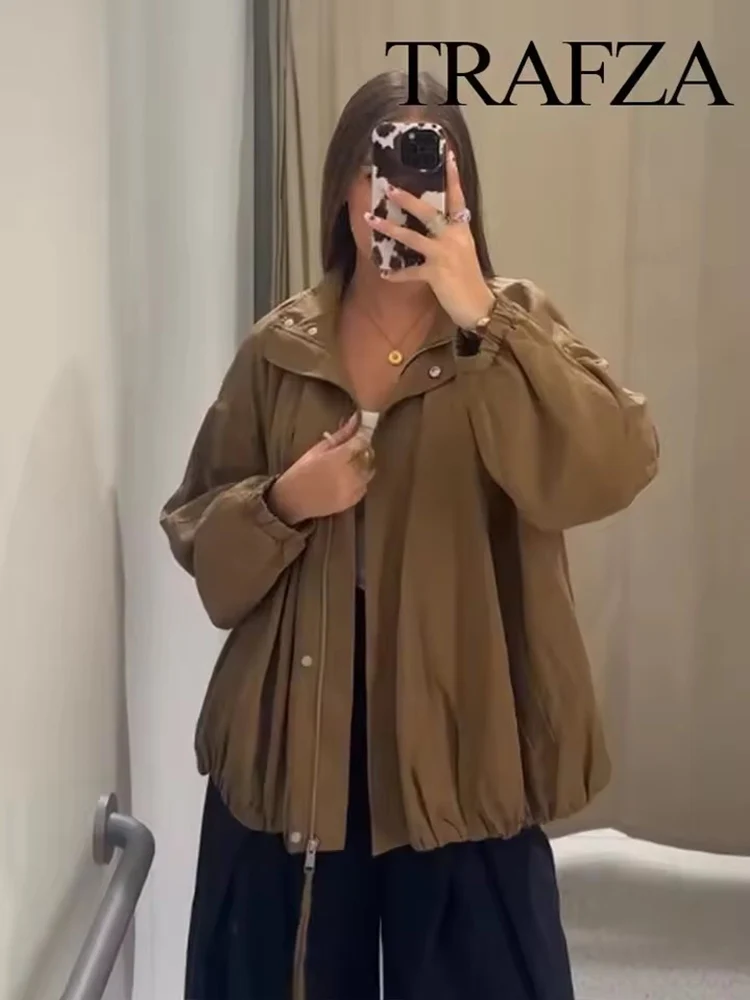 Women Jacket 2025 New Autumn Winter Fashion Laple Long Sleeve Zipper Loose Coat Elegant Female High Street Outerwear ﻿