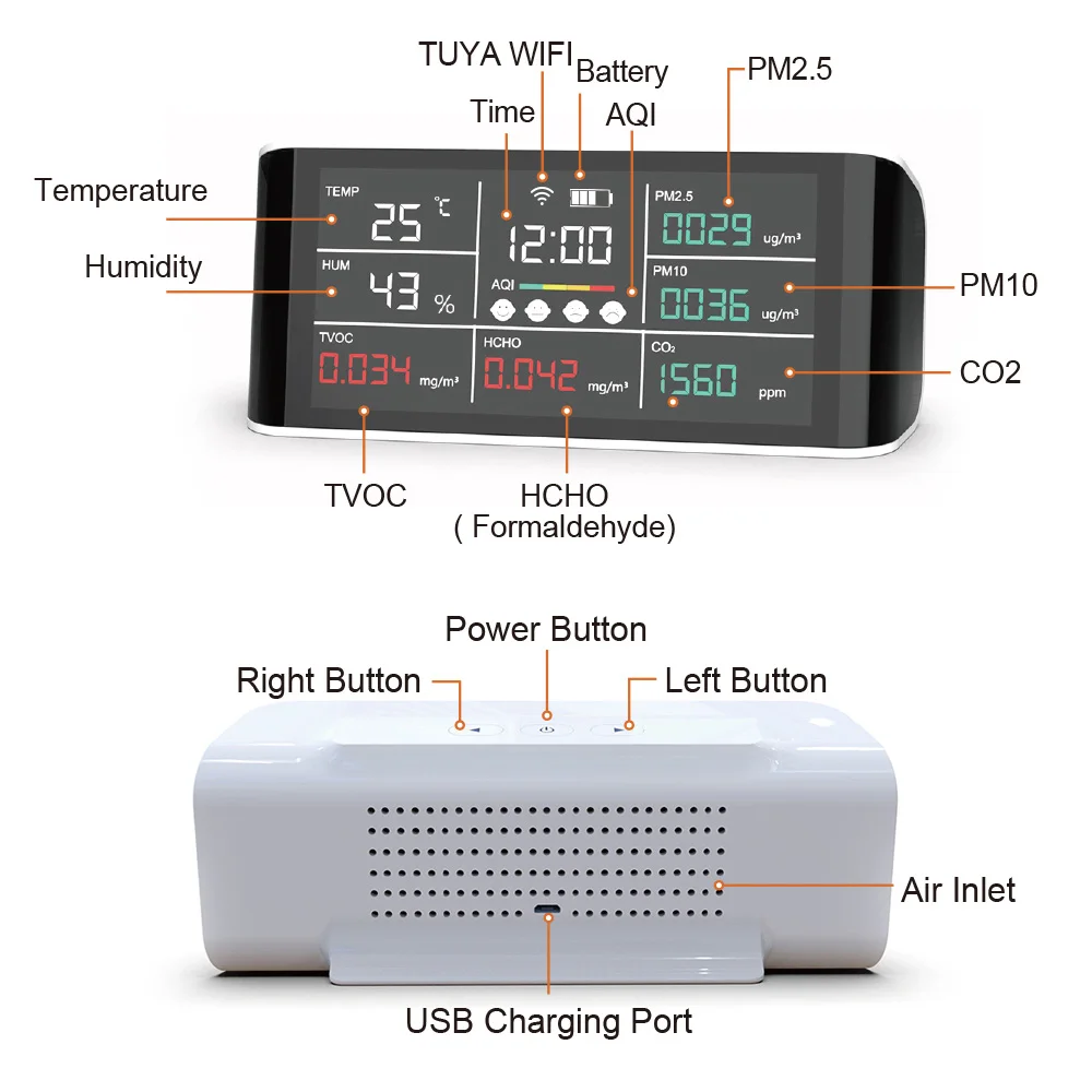 Professional CO2 Quality Detector Data storage Export download Desktop Temperature Humidity 2 in 1 WiFi Mobile Phone Connection