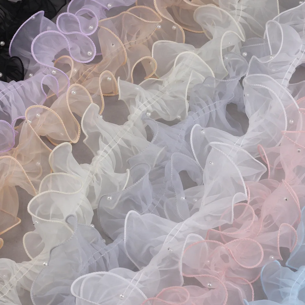 

Peach 11cm organza beaded pleated ruffled lace accessories clothing decoration trim