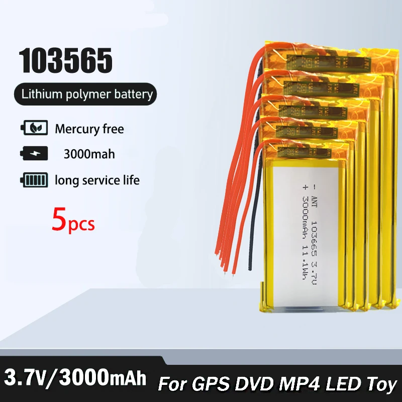 

5pcs 3.7V 3000mAh 103665 Battery Gps Polymer Lithium Rechargeable Battery For Bluetooth Speaker LED Light Driving Recorder PSP