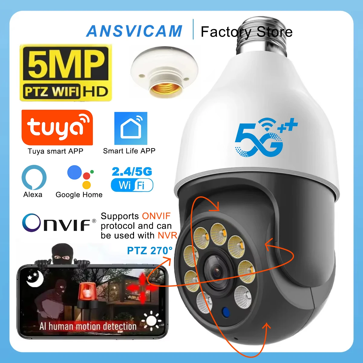 TUYA 5MP 5G Bulb Camera E27 WiFi TUYA Smart Life PTZ IP CCTV Outdoor Night Vision 3MP Security Video Bulb Surveillance Camera 1