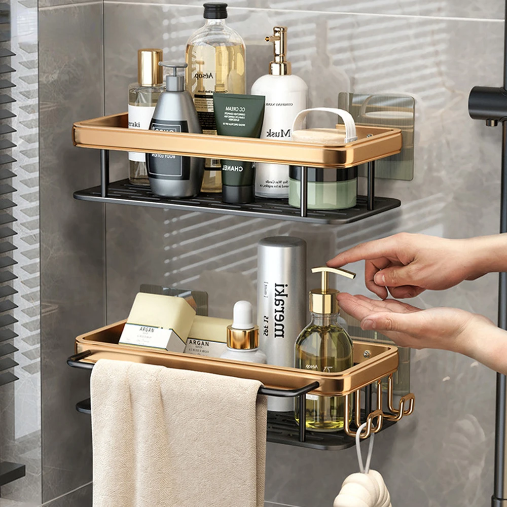 Bathroom Shelf Shower Caddy Organizer Wall Mount Shampoo Rack With Towel Bar  No Drilling Kitchen Storage Bathroom Accessories - AliExpress