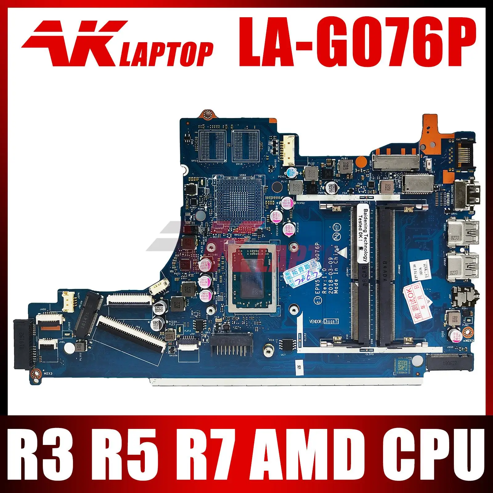 

UMA w R3-2200U R5-2500U R7-2700U AMD CPU EPV51 LA-G076P Motherboard for HP 15T-DB000 15-DB Laptop Motherboard Mainboard