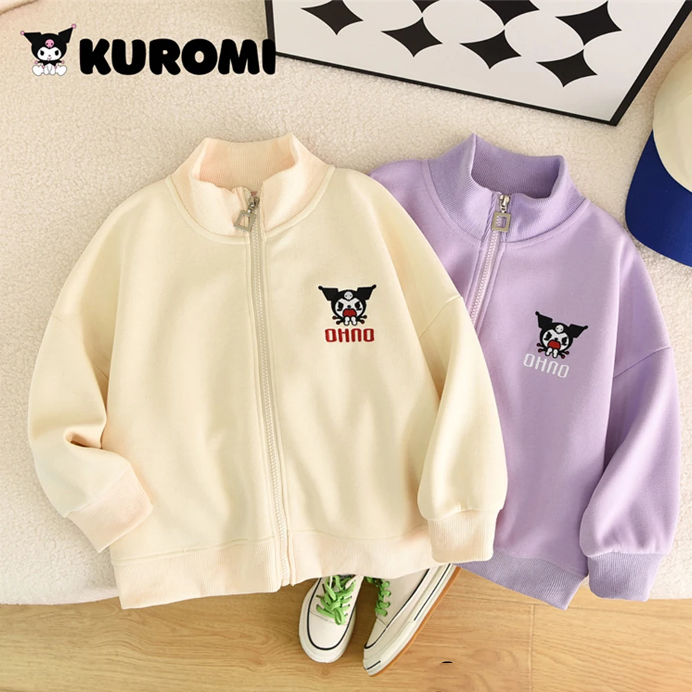 

Детский осенний простой кардиган Sanrioed Kuromi с аниме длинным рукавом, кавайная свободная повседневная спортивная одежда, бейсбольная форма, мультяшное пальто