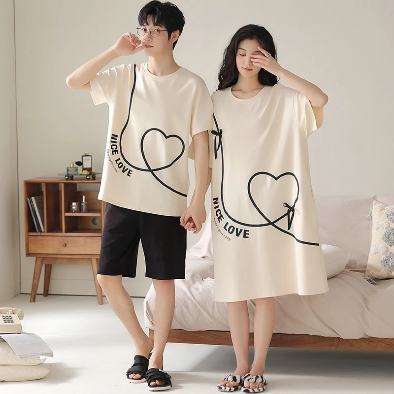 Summer Couple Pajama Sets 100%Cotton Men Short Sleeve Pyjamas Sexy Women Nightgown