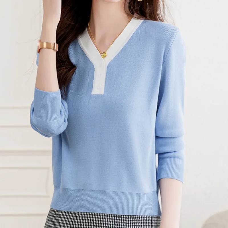 

Autumn Long Sleeve Pullover V-neck Button Short Sweater Fashion Women Pullovers Loose Bottoming Shirt Female Clothing New 28882