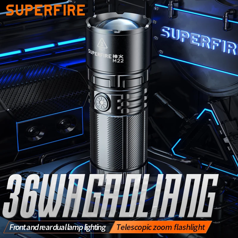 2025 SUPERFIRE M22(Y2) 장거리 고출력 줌 손전등 Type-c 충전식 강력한 빛 18650 배터리 비상 랜턴