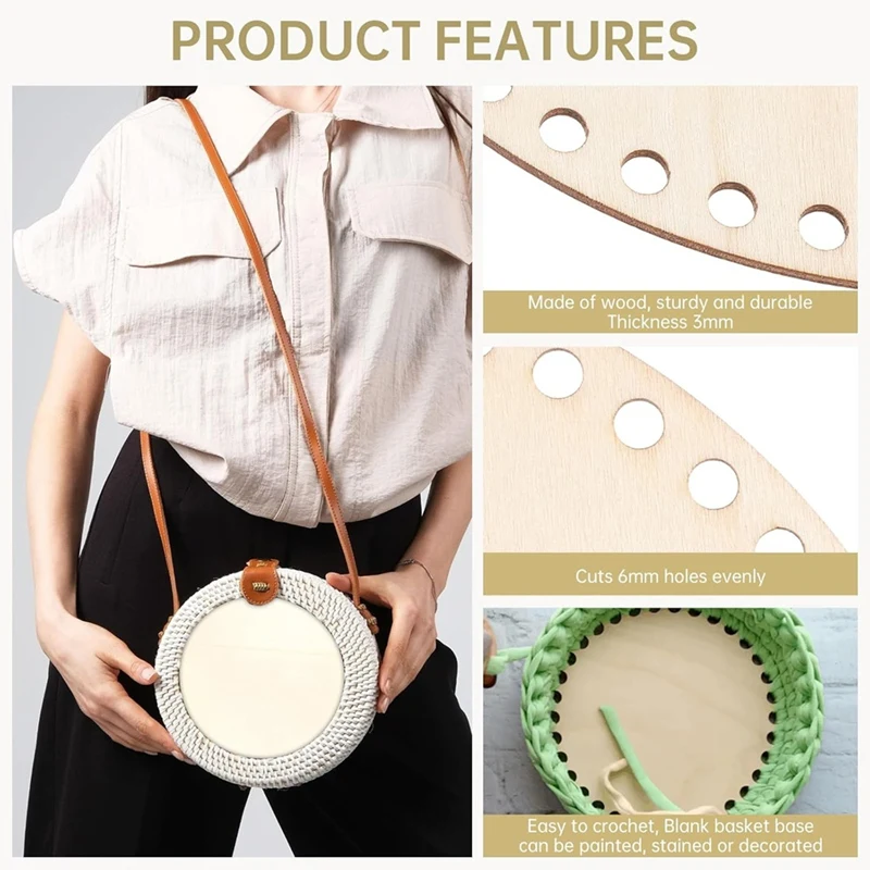 5PCS Wooden Basket Bottom, 5 Size Oval Circle Blank Solid Crochet Basket Wood Base For DIY Craft Weaving Supplies