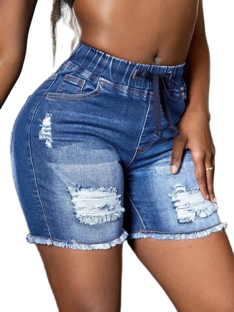 Shorts jeans rasgados de cintura elástica para mulheres