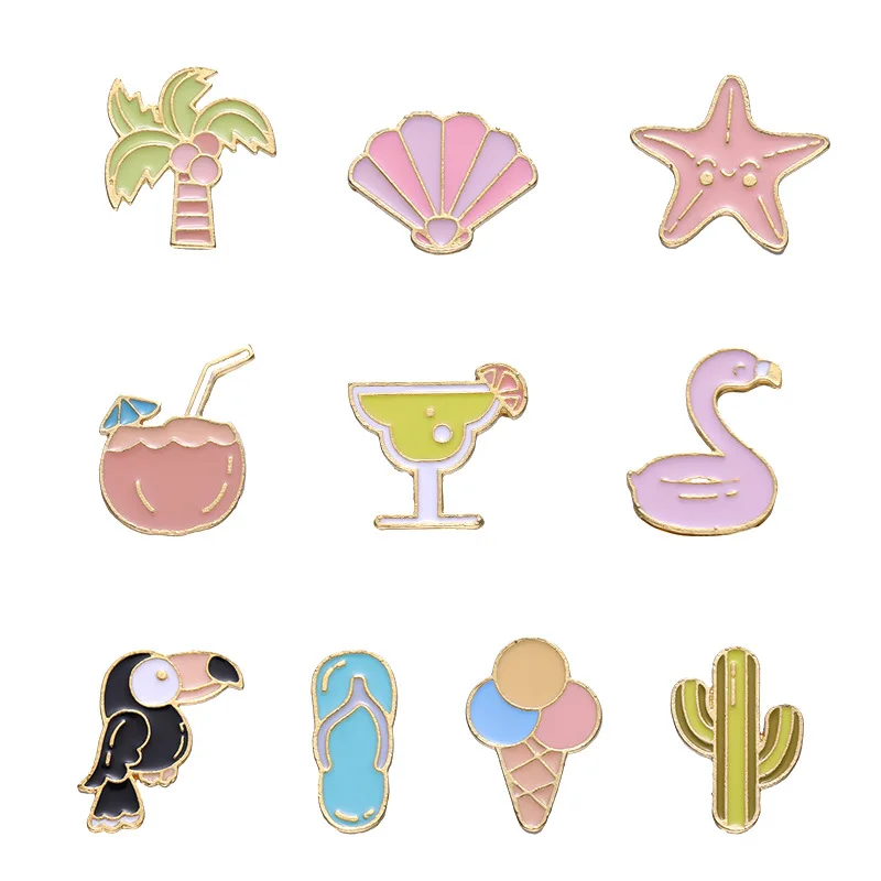 

Summer Vacation Enamel Pins Custom Flamingo Toucan Cactus Coconut Tree Brooches Lapel Badges Cartoon Animal Plant Jewelry Gift