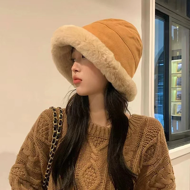 

2023 Autumn And Winter New Fashion Wide Brim Warm Soft Bucket Hat Outdoor Women Fisherman Hat Ladies Panama Hat Plush Pot Hat