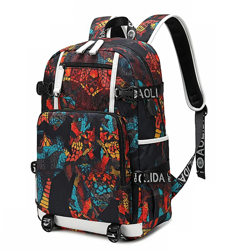 Large Geometric-Print School Backpack for Teen Boys Laptop Bookbag with USB Charging Port Kids Back Pack for Middle School Bags