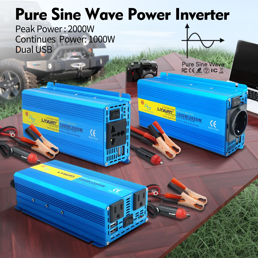 Inversor de Onda Senoidal Pura para Carro Inversor de Energia Conversor Solar Laptop Ventilador Chaleira dc 12v 24v 110v 220v 1200w 2000w