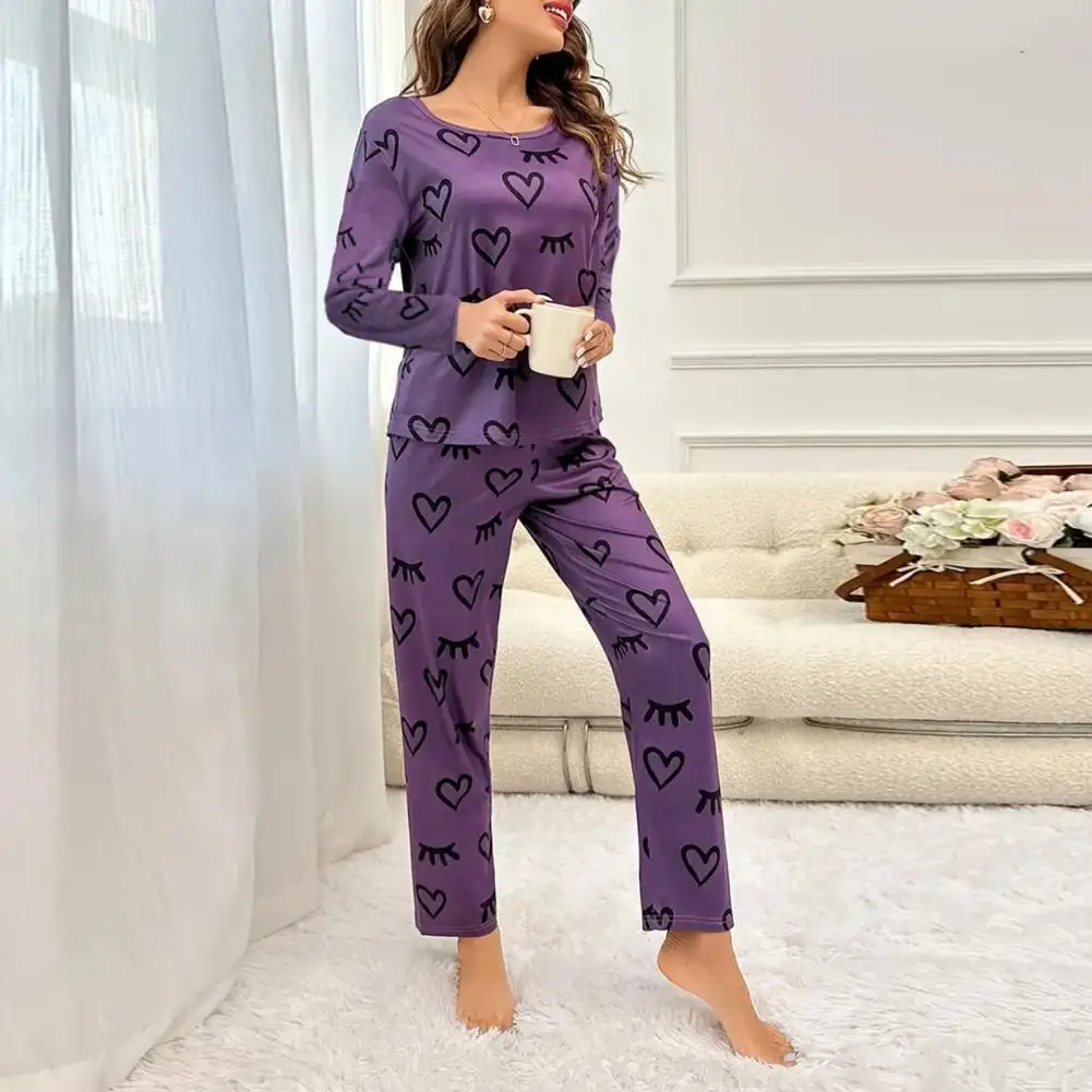 

Heart Print Pajama Set Heart Print Women's Spring Pajamas Set with Long Sleeve Top Elastic Waist Trousers Soft for Comfort