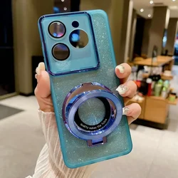 Glitter Silicone Soft Case with Magnetic Holder and Armor TPU Bumper for Realme GT NEO 6 SE (Blue)