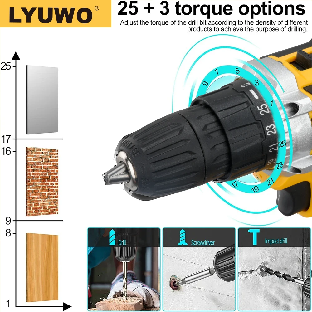 LYUWO Rechargeable Electric Hand Drill, Pistol Drill, Electric Screwdriver, Household Impact Hand Drill Tool,Use MT Battery 4