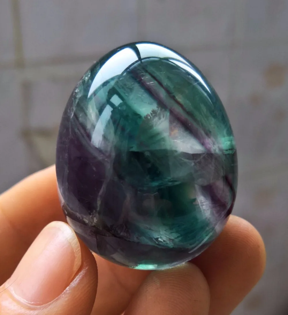 48Mm Naturale Lucido Verde Viola Fluorite Cristallo Di Quarzo A Forma Di Uovo Guarigione Fluorite Uovo + Base