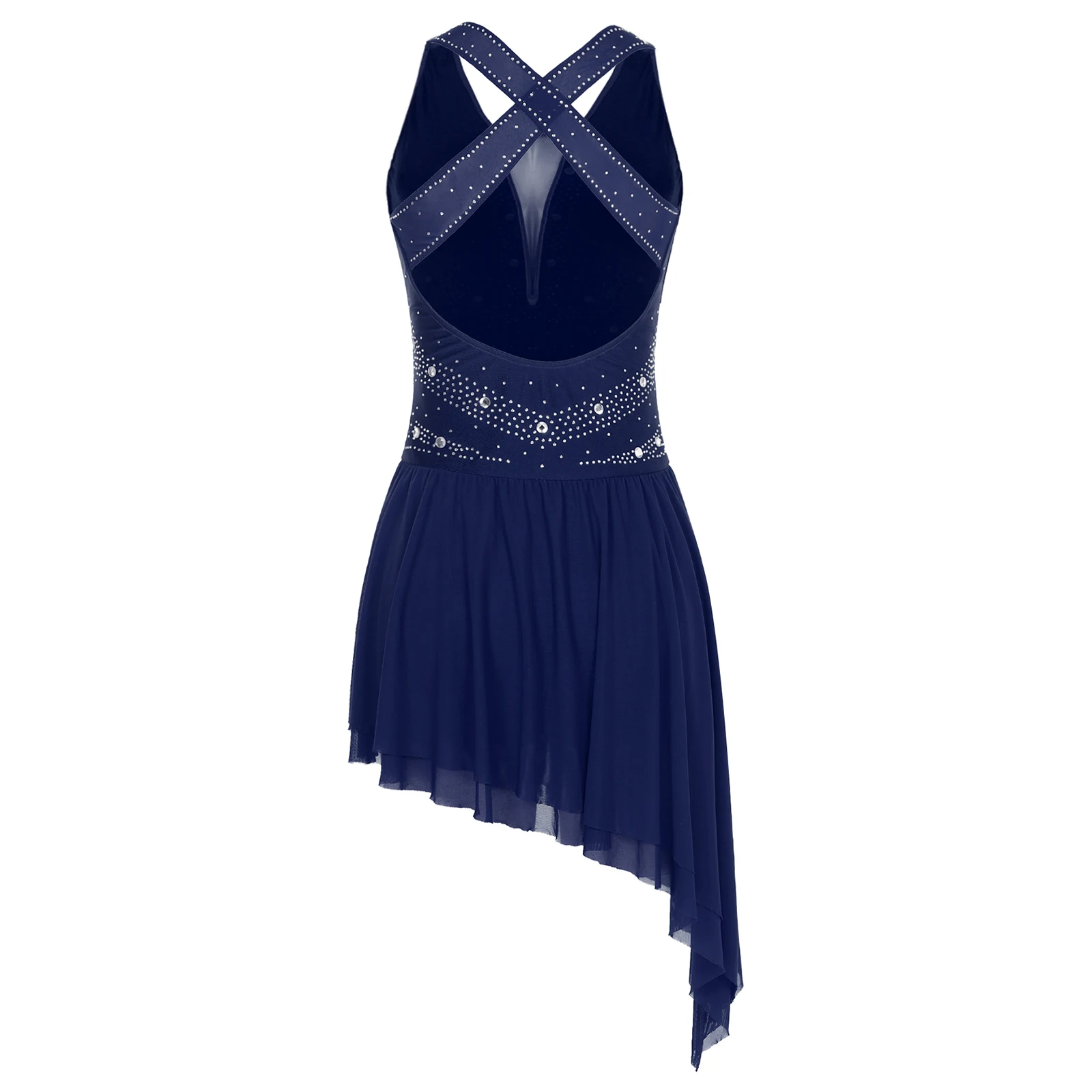 Women Rhinestone Sleeveless Ballet Leotard Dress Backless Irregular Hem  Figure Skating Dress Lyrical Competition Dance Costumes