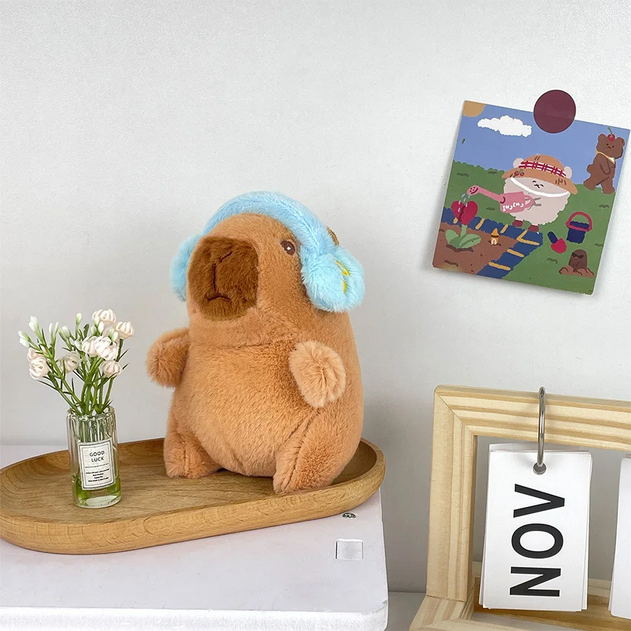 Capybara Stuffed Animal Doll Cute Capybara with Headphones Kids Toy Head Cover Cappibala Doll Keychain Pendant Soft
