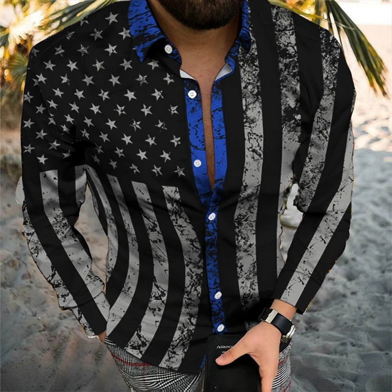 

Luxury Fashion Men Shirt Turn-down Collar Button Casual Shirts American Flag Print Long Sleeve Tops Mens Clothes Hawaii Cardigan