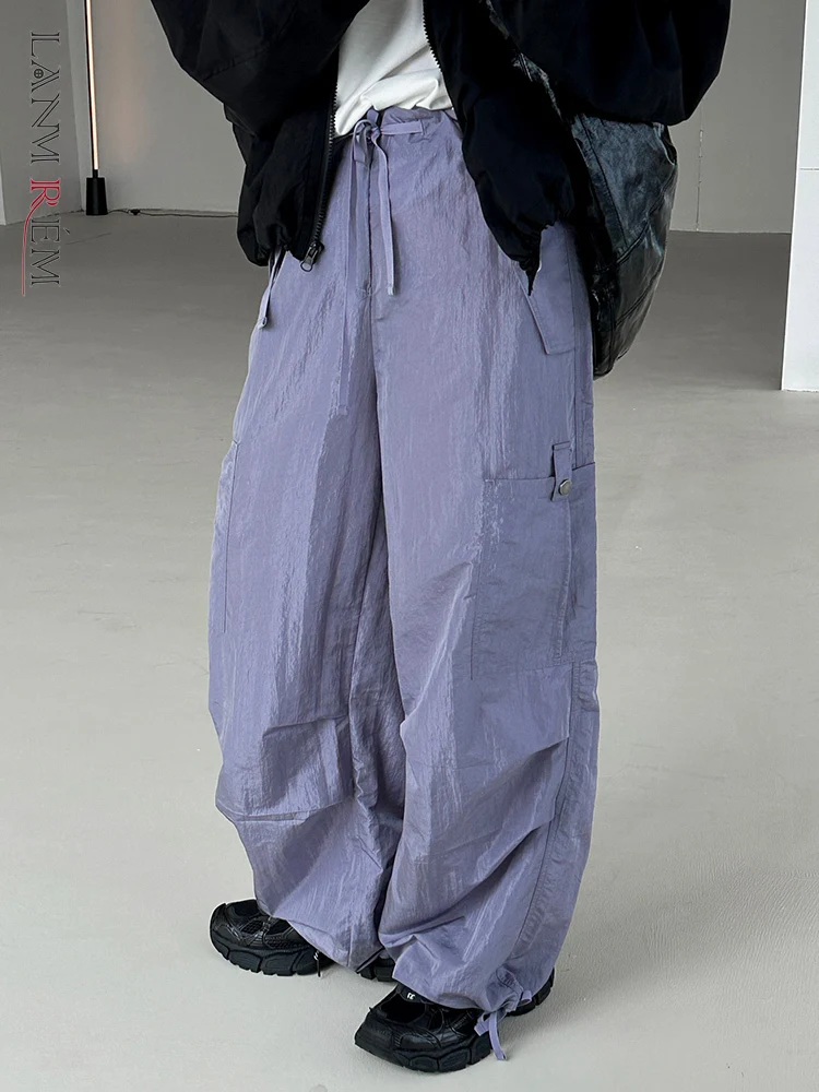 

LANMREM Streetwear Solid Solid Wide Leg Pants Women Lace-up High Waist Pockets Design Trousers Fashion 2023 Autumn New 2AA2236