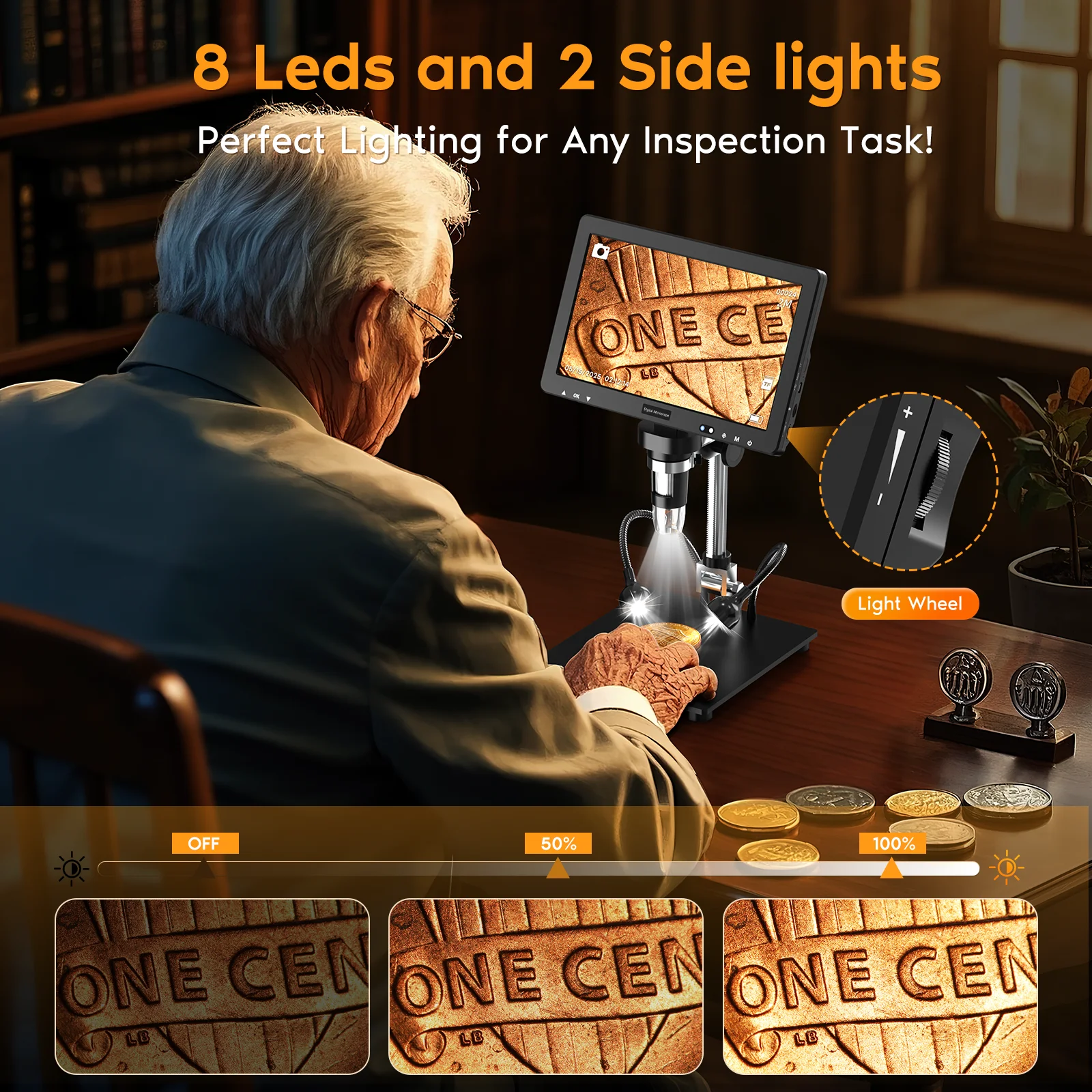 10.1인치 디지털 현미경 1500X HD 배율 납땜 현미경, 10개 LED 현미경 돋보기 포함 (동전, 식물용)